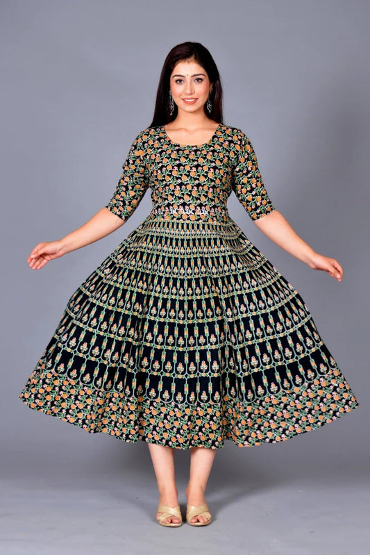 Women's Jaipuri Cotton Printed Dress/Gown/Frock