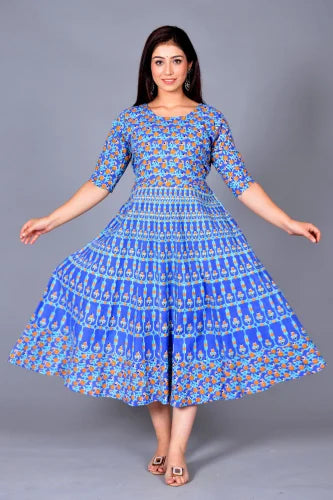 Women's Jaipuri Cotton Printed Dress/Gown/Frock