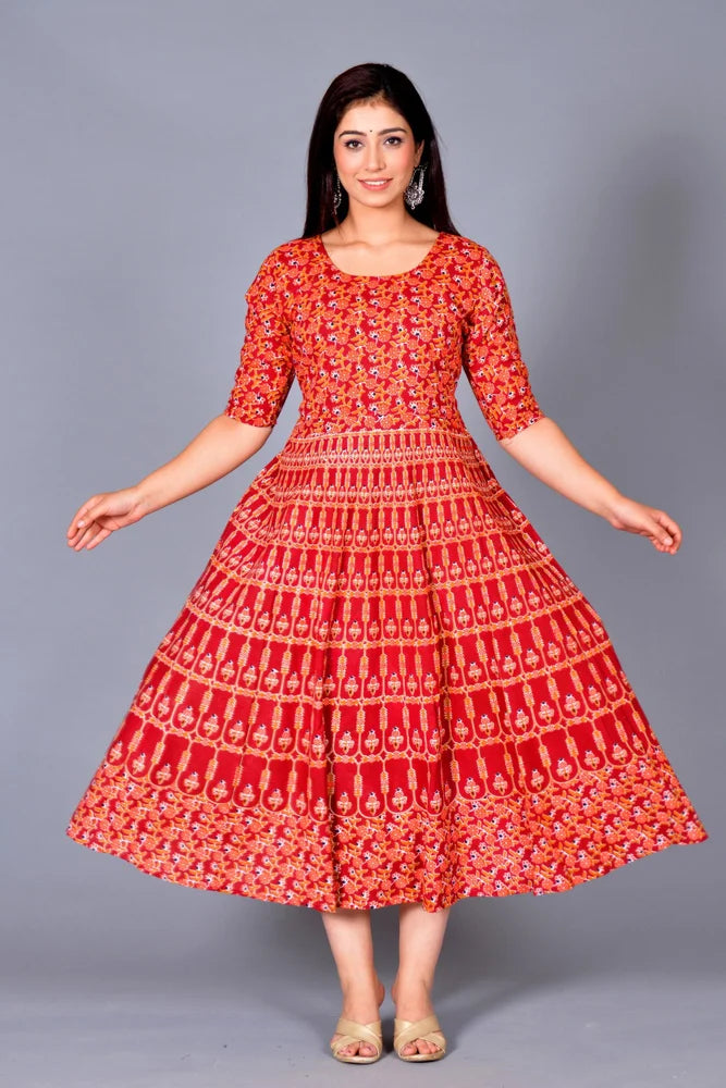Women's Jaipuri Cotton Printed Dress/Gown/Frock