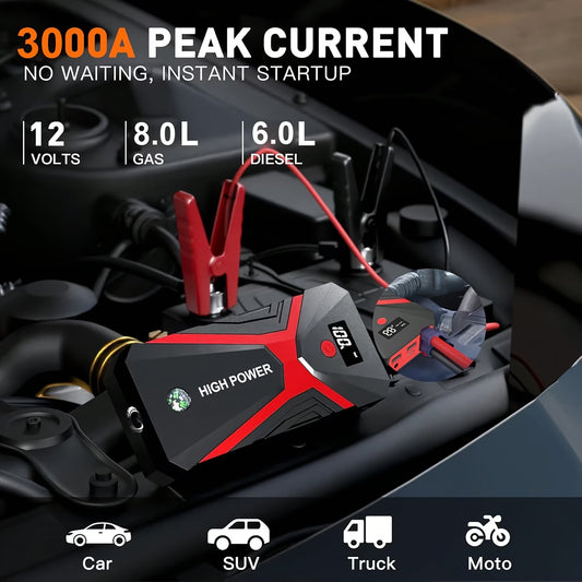 5-in-1/9IN1 Portable Car Battery Jump Starter With Tire Inflator 12V Fast Start, Battery Boost, USB I/O, LED Emergency Light, Reliable Power, Roadside/Vehicle Emergency Tools 3000A Portable Wireless Car Jump Starter Battery Jump Starter Portable Pea