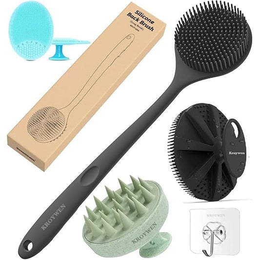 Soft Silicone Back Scrubber Long Handle Bath Brush + Body Scrubber Bath Brush + Scalp Massager for Hair + Face Scrubber Brush, Combination Combo, Super-Exfoliating & Lathering Body Scrubber, Shower Brush | BPA-Free |