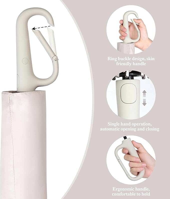 UV Umbrella with Novelty Carabiner Handle, Travel-Friendly Umbrellas for Sun & Rain Protection, Windproof Compact, Automatic Open/Close, 8 Ribs, Portable Umbrella for Men and Women