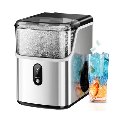 Nugget Or Bullet Ice Makers Countertop, Portable Ice Machine, Pebble Ice Machine with Chewable Pellet Ice, 26 Lbs/24 H, 33 Lbs/24 H,35 Lbs/24 H Self-Cleaning,One-Click Operation, for Kitchen, Office, Stainless Steel Black/Silvery