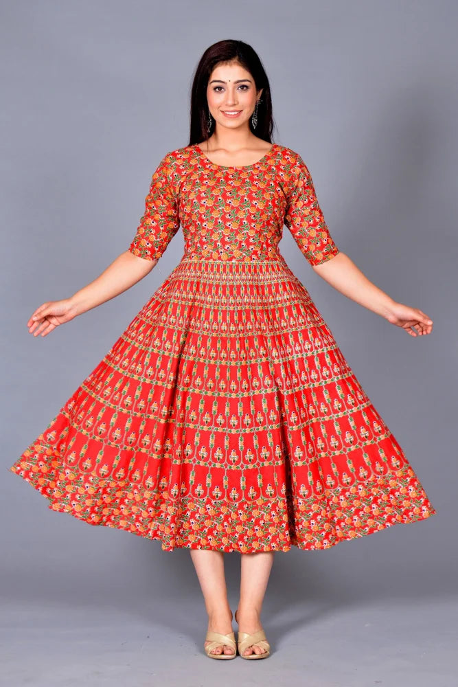 Women's Jaipuri Cotton Printed Dress/Gown/Frock