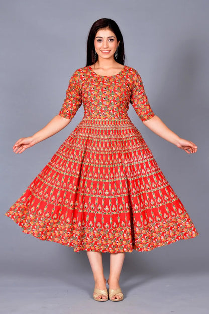 Women's Jaipuri Cotton Printed Dress/Gown/Frock