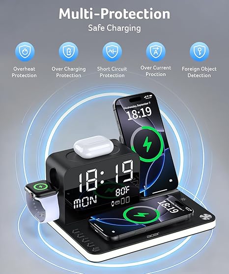 acer 7-in-1 Wireless Charging Station: Charger Stand for Multiple Devices for Apple - iPhone 16 15 14 13 12 Pro Max Apple Watch Airpods, Wireless Charger iPhone Charging Station with Bluetooth TimeSyn