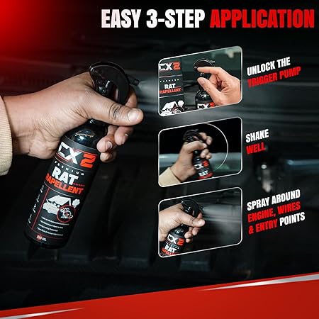 CX2 Rat Repellent Spray for Car Home Office Mouse | Natural Powerful Pest Control Protect Wires in Car Bike Computer | Easy to Use, Non Toxic No Kill Only Repels