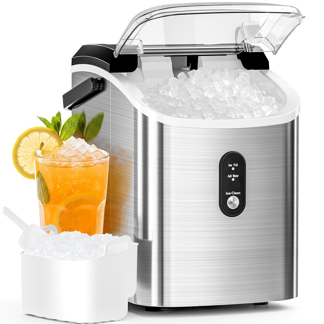 Nugget Or Bullet Ice Makers Countertop, Portable Ice Machine, Pebble Ice Machine with Chewable Pellet Ice, 26 Lbs/24 H, 33 Lbs/24 H,35 Lbs/24 H Self-Cleaning,One-Click Operation, for Kitchen, Office, Stainless Steel Black/Silvery