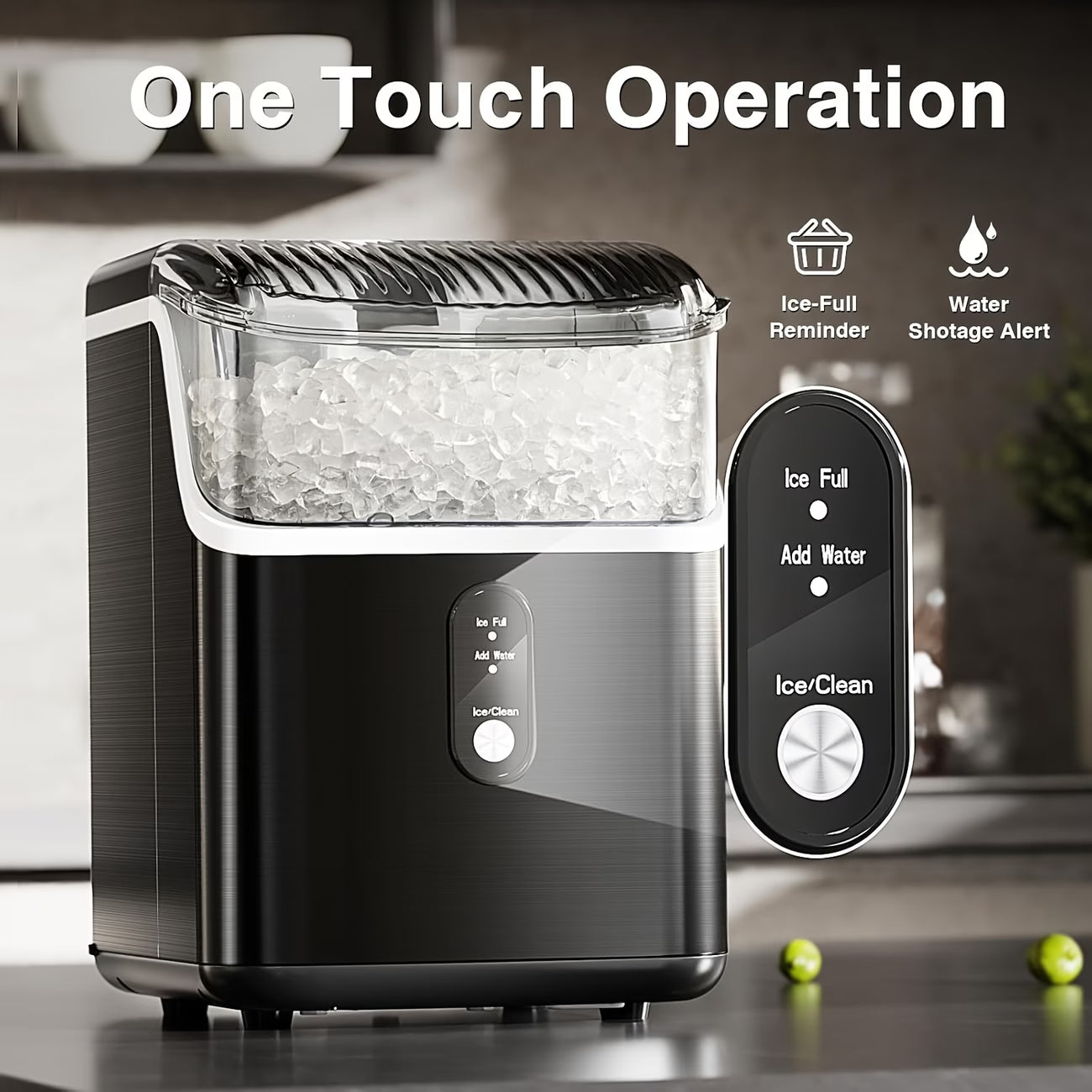 Nugget Or Bullet Ice Makers Countertop, Portable Ice Machine, Pebble Ice Machine with Chewable Pellet Ice, 26 Lbs/24 H, 33 Lbs/24 H,35 Lbs/24 H Self-Cleaning,One-Click Operation, for Kitchen, Office, Stainless Steel Black/Silvery