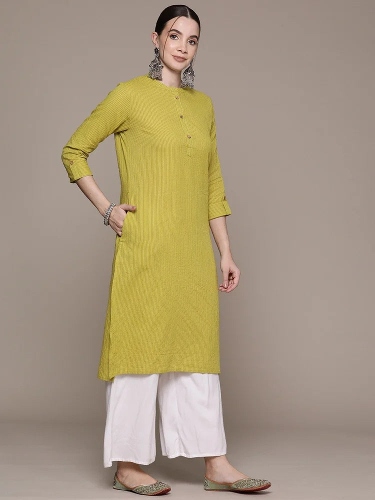 Women Straight Style Cotton Fabric Green Color Kurti With Thread Work