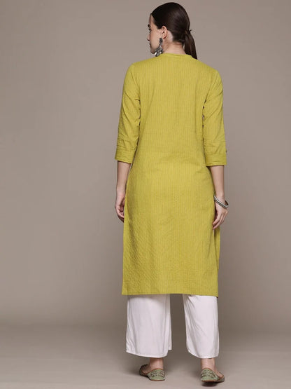 Women Straight Style Cotton Fabric Green Color Kurti With Thread Work