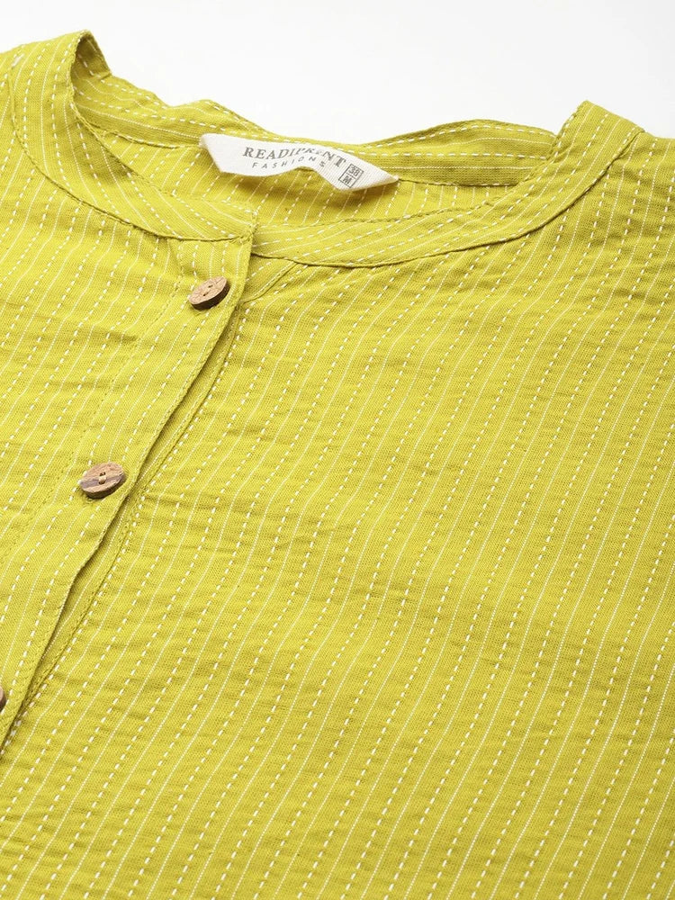 Women Straight Style Cotton Fabric Green Color Kurti With Thread Work