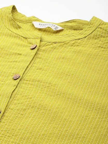 Women Straight Style Cotton Fabric Green Color Kurti With Thread Work